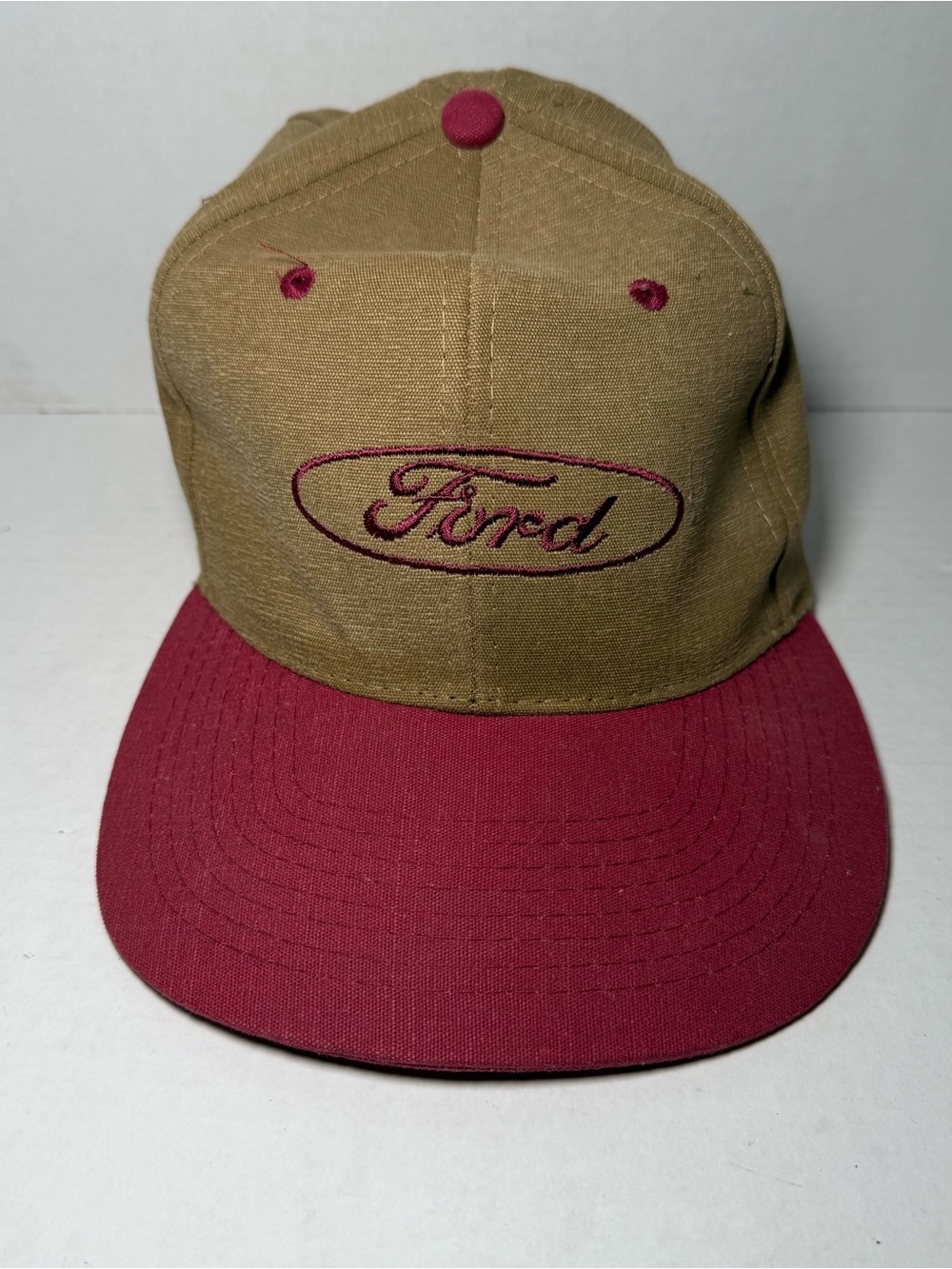 Vintage 80s Ford Motors Cars Snap Back Flat Bill Red Tan Adjustable Men’s Hat